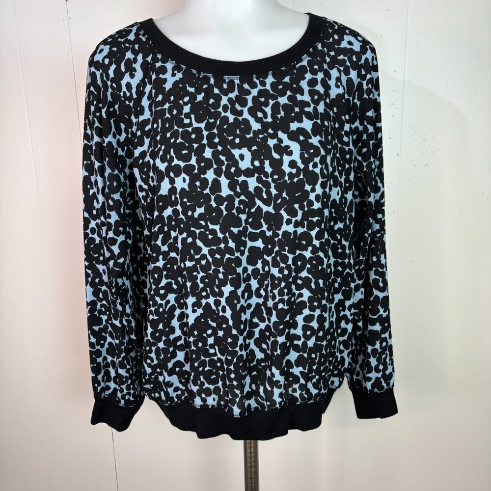 LOFT Top Small Blue Black Sheer Long Sleeve Blouse‎ Women's
